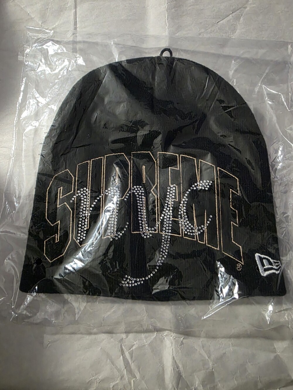 Brand New Supreme Rhinestone Black Beanie with Crystal-Studded Logo size Large.